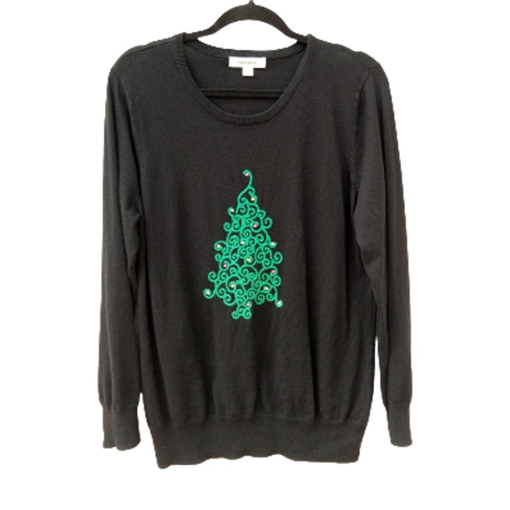 Women's Embroidered Christmas Tree Sweater Size 16/18 Black Green Scoop Neck